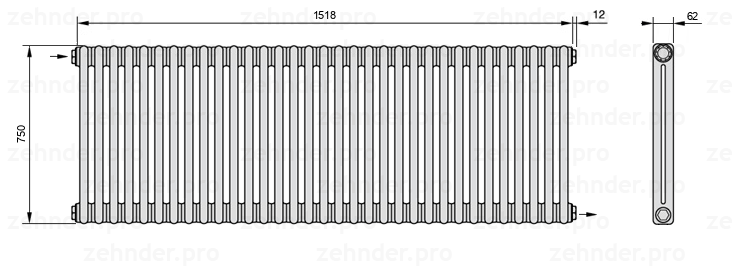 Схема (чертеж) Радиатор Zehnder Charleston 2075/33 №1670 Белый глянцевый RAL 9016